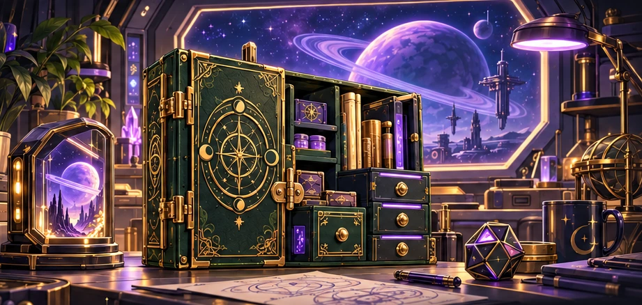 Concept illustration of an orbital maker studio with a green spellbook organizer, violet lights, and a ringed planet