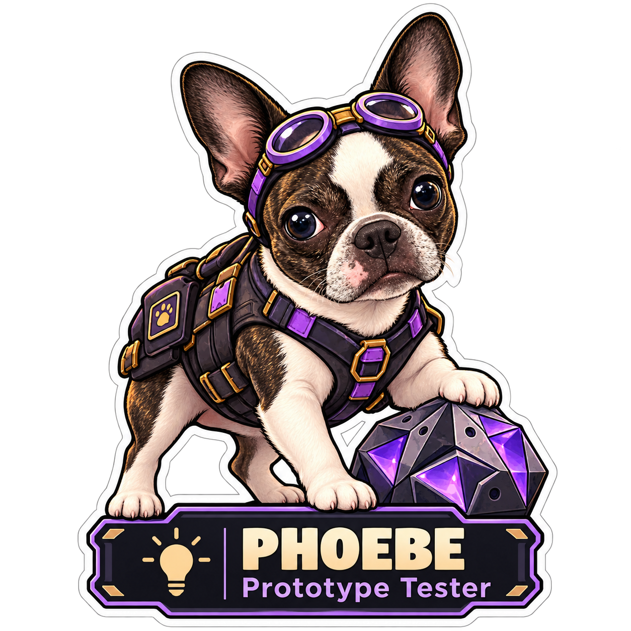 Phoebe, the curious brindle Frenchton, in her prototype tester outfit